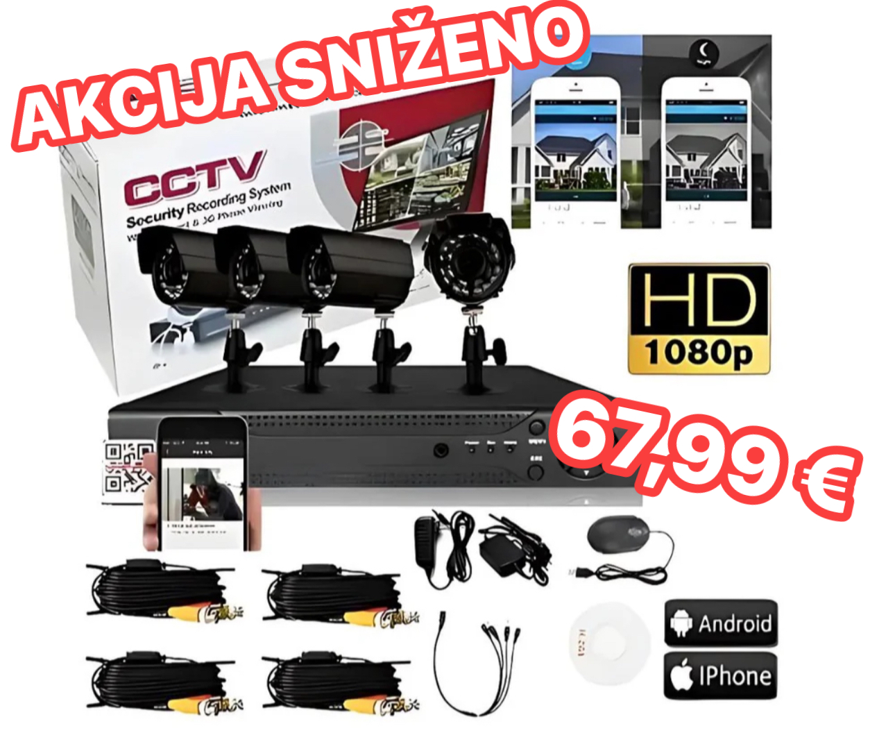 Set 4xFULL HD kamere+snimač 24/7